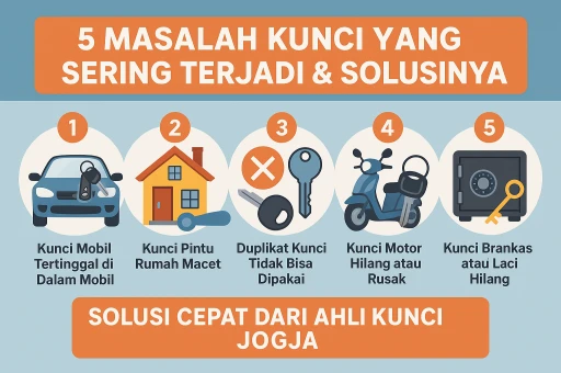 Kenali 5 masalah kunci paling umum seperti kunci mobil terkunci, pintu rumah macet, hingga duplikat kunci tidak presisi. Solusi cepat dari ahli kunci Jogja 24 jam